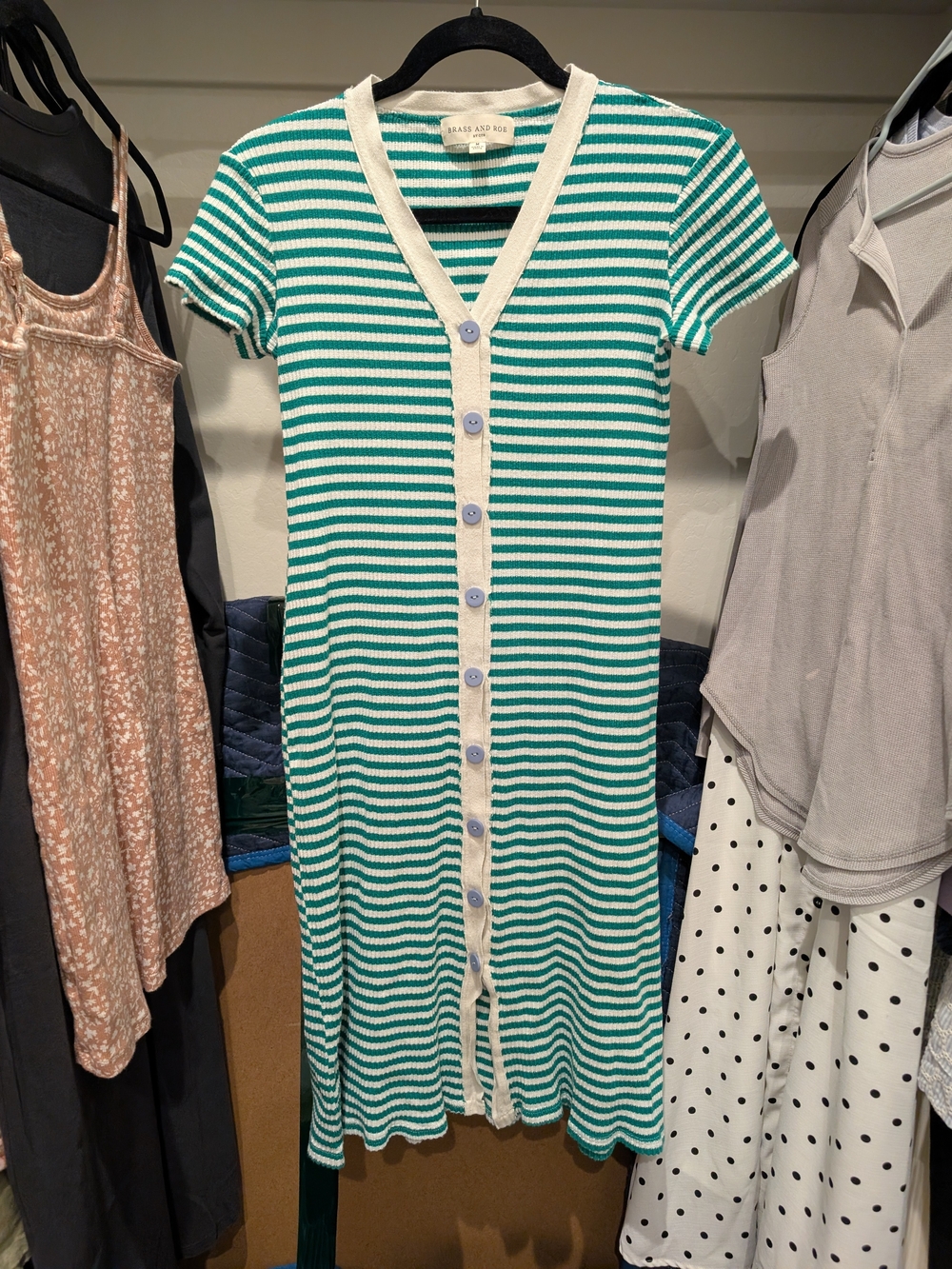 Striped Button-Front Midi Dress in Green and White